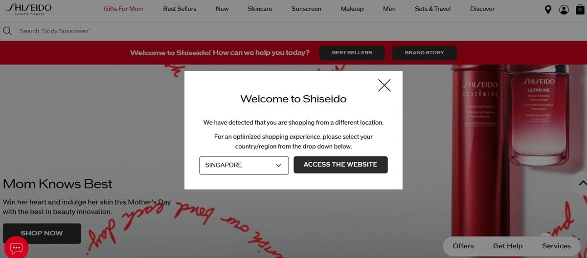 Shiseido's regional targeting splash page allowing users to select their country and language preferences